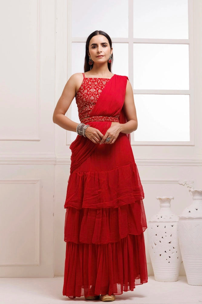 Red Ruffled Chiffon Saree Ready-To-Wear With Stitched Blouse