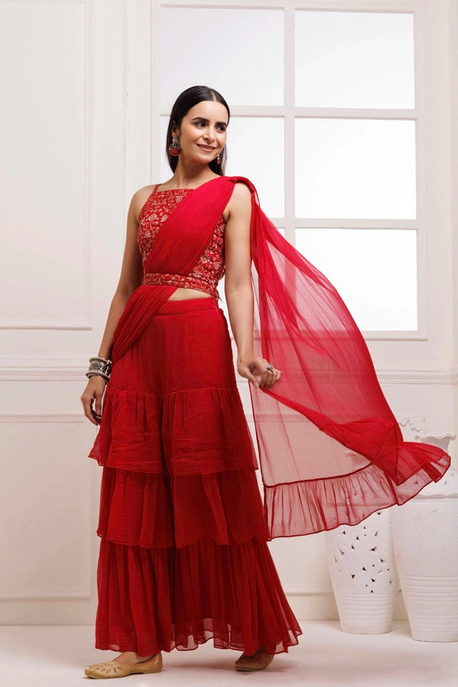Red  Ruffled Chiffon Saree – Ready-to-Wear with Stitched Blouse