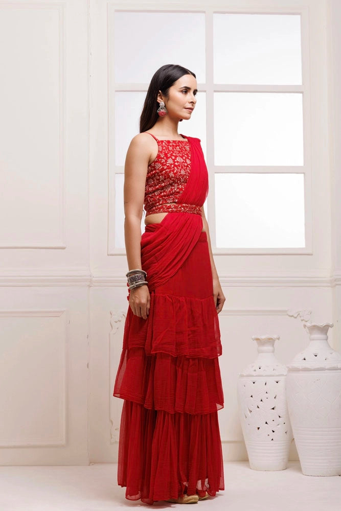 Red  Ruffled Chiffon Saree – Ready-to-Wear with Stitched Blouse