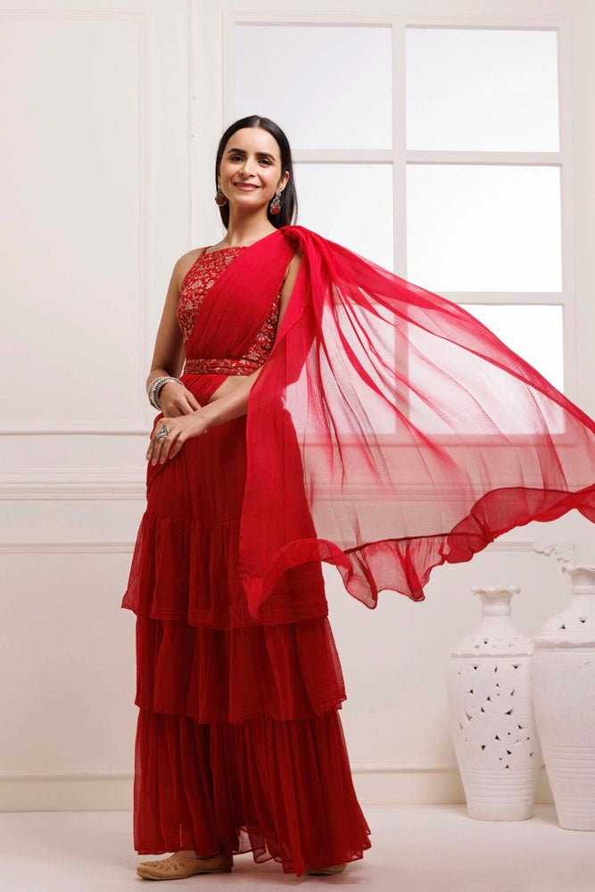 Red  Ruffled Chiffon Saree – Ready-to-Wear with Stitched Blouse