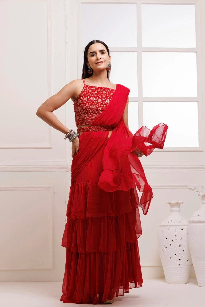 Red  Ruffled Chiffon Saree – Ready-to-Wear with Stitched Blouse