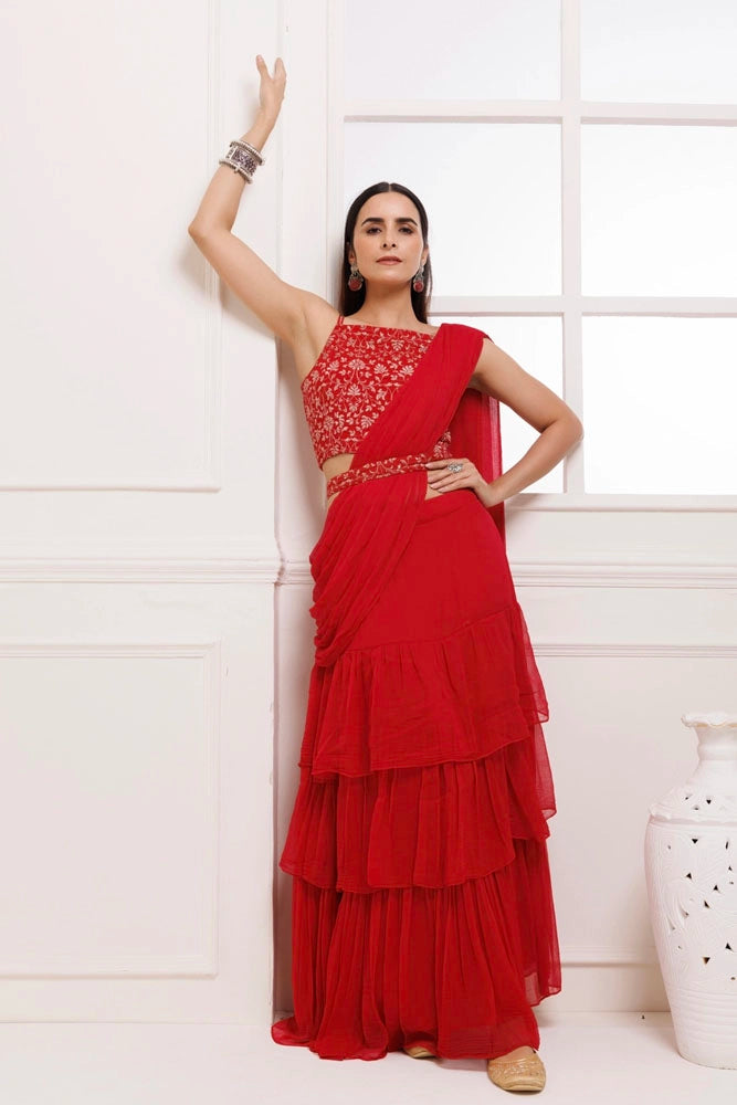 Red  Ruffled Chiffon Saree – Ready-to-Wear with Stitched Blouse