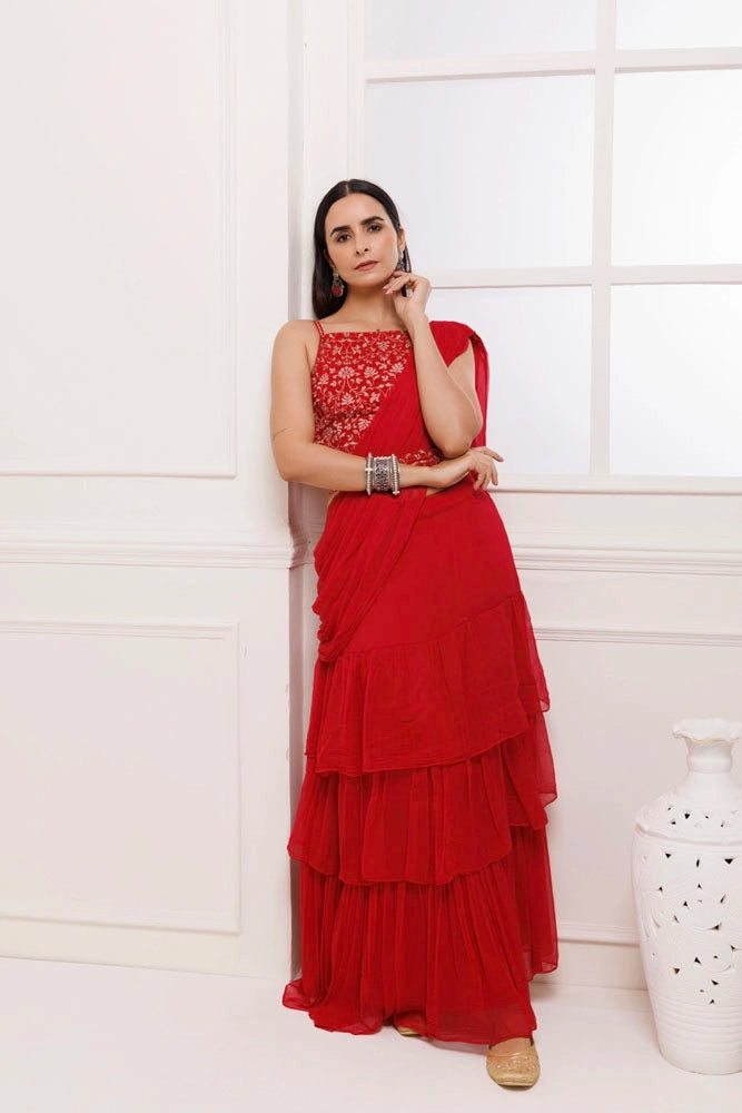 Red  Ruffled Chiffon Saree – Ready-to-Wear with Stitched Blouse