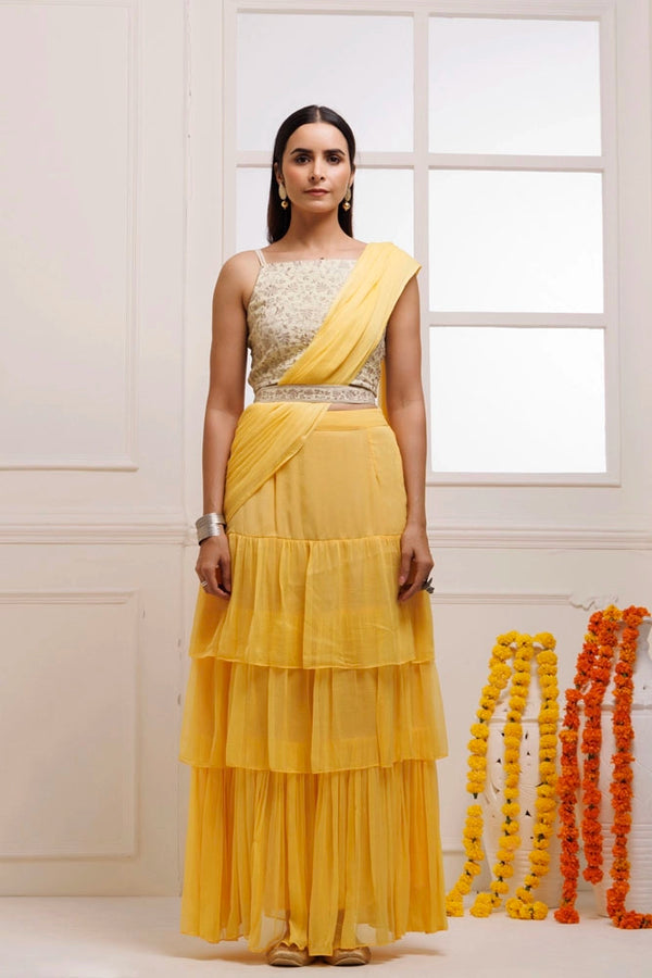 Yellow Ruffled Chiffon Saree – Ready-to-Wear with Stitched Blouse