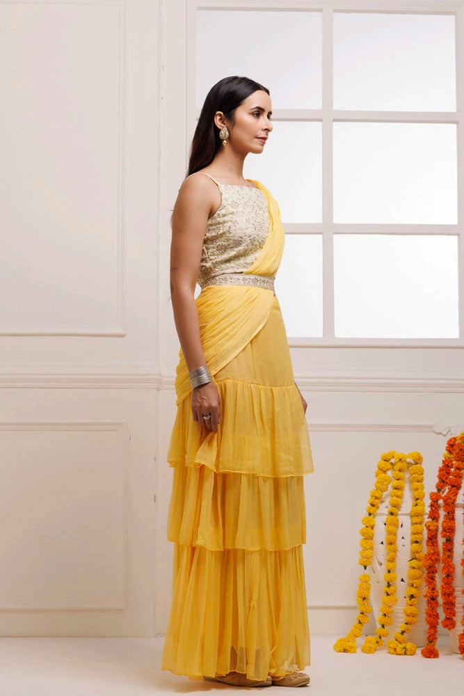 Yellow Ruffled Chiffon Saree – Ready-to-Wear with Stitched Blouse
