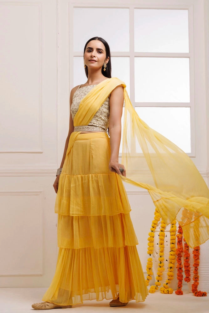 Yellow Ruffled Chiffon Saree – Ready-to-Wear with Stitched Blouse