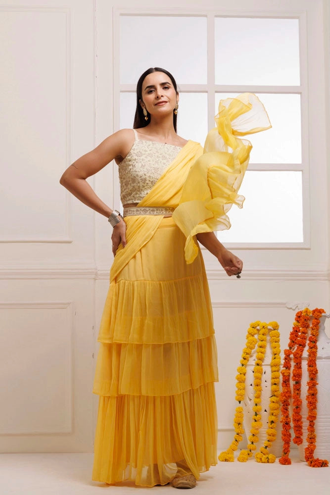 Yellow Ruffled Chiffon Saree – Ready-to-Wear with Stitched Blouse