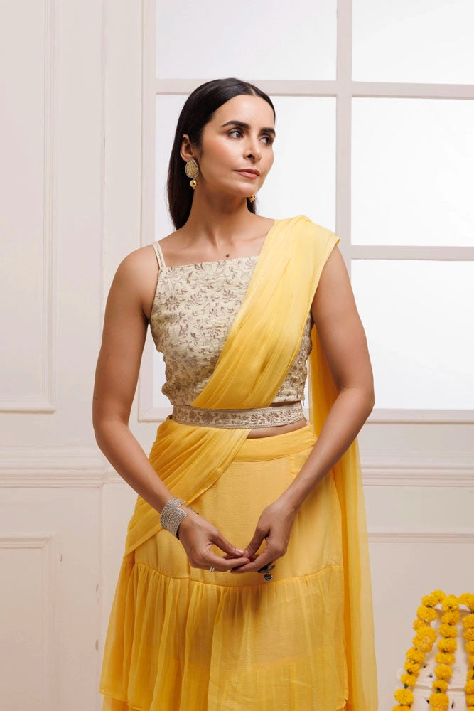 Yellow Ruffled Chiffon Saree – Ready-to-Wear with Stitched Blouse