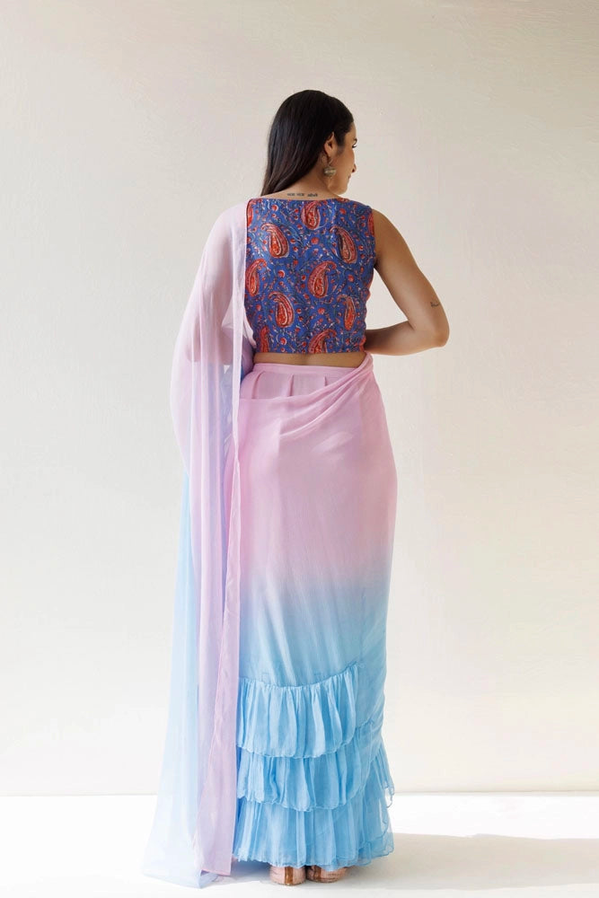 Blue-Pink Pre-Draped Ruffled Ombre Chiffon Saree