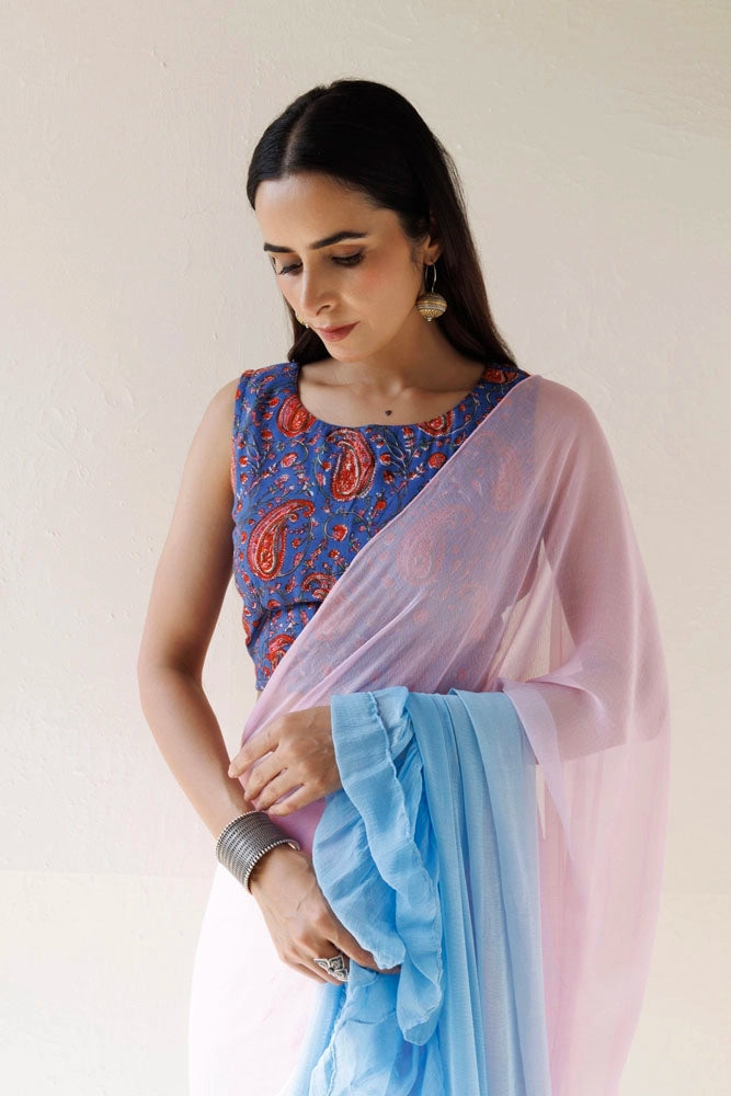 Blue-Pink Pre-Draped Ruffled Ombre Chiffon Saree