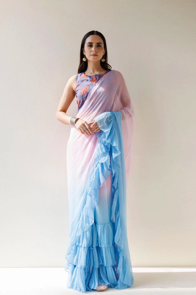 Blue-Pink Pre-Draped Ruffled Ombre Chiffon Saree
