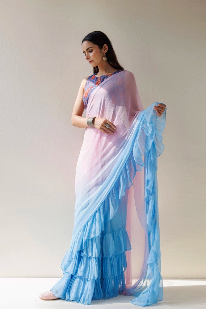 Blue-Pink Pre-Draped Ruffled Ombre Chiffon Saree