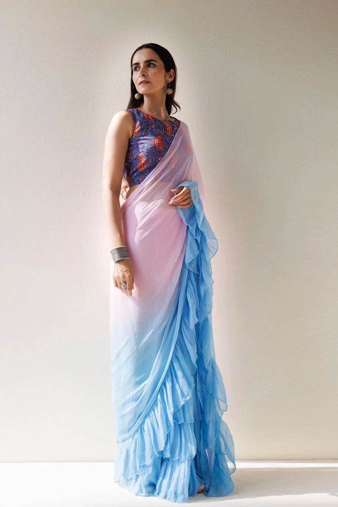 Blue-Pink Pre-Draped Ruffled Ombre Chiffon Saree