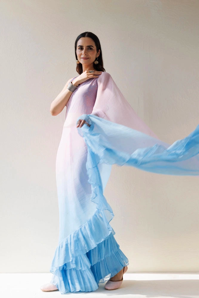 Blue-Pink Pre-Draped Ruffled Ombre Chiffon Saree