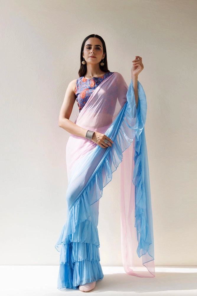 Blue-Pink Pre-Draped Ruffled Ombre Chiffon Saree