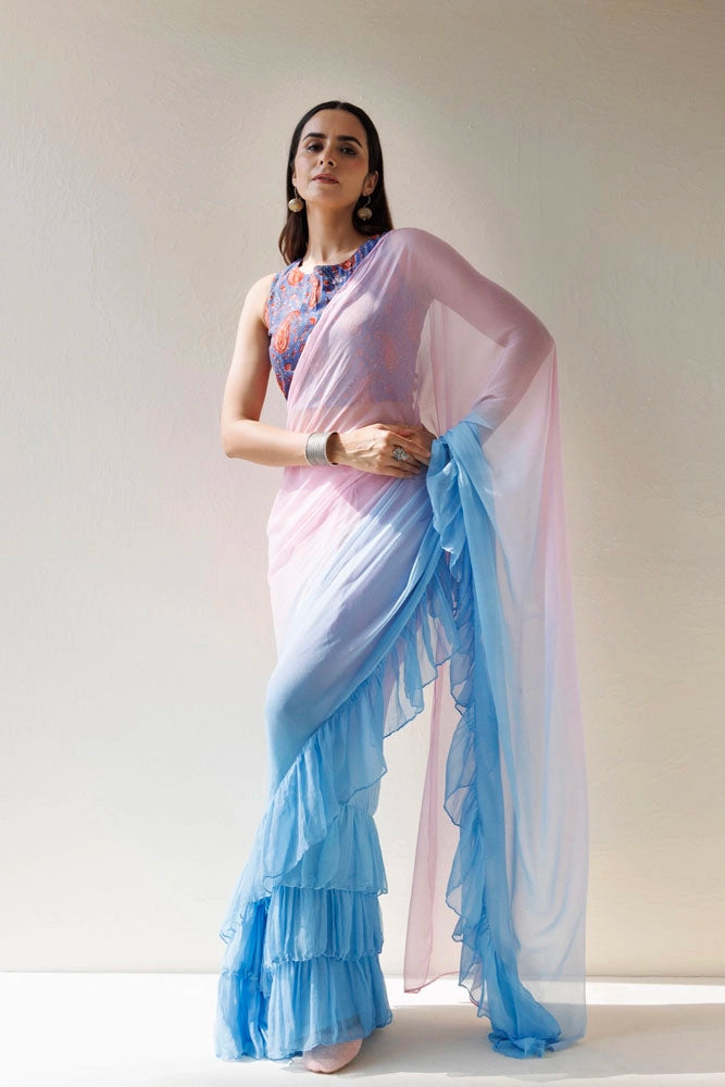 Blue-Pink Pre-Draped Ruffled Ombre Chiffon Saree
