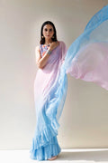 Blue-Pink Pre-Draped Ruffled Ombre Chiffon Saree