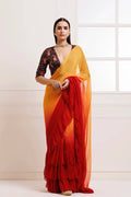Orange-Red Pre-Draped Ruffled Ombre Chiffon Saree