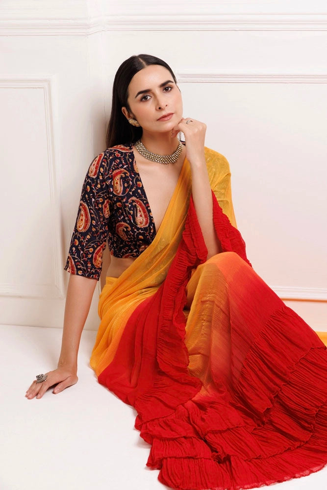 Orange-Red Pre-Draped Ruffled Ombre Chiffon Saree