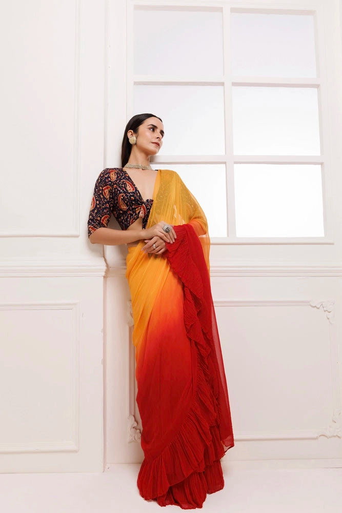 Orange-Red Pre-Draped Ruffled Ombre Chiffon Saree