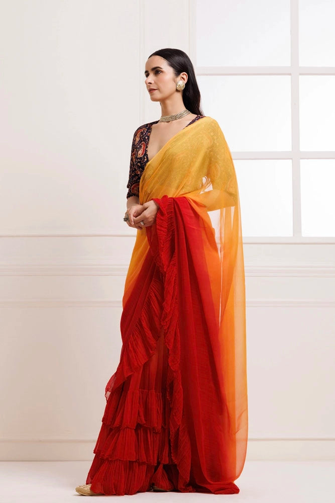 Orange-Red Pre-Draped Ruffled Ombre Chiffon Saree