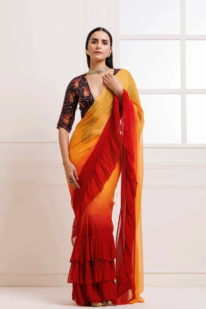 Orange-Red Pre-Draped Ruffled Ombre Chiffon Saree