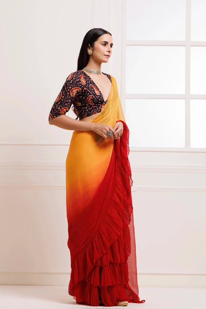 Orange-Red Pre-Draped Ruffled Ombre Chiffon Saree