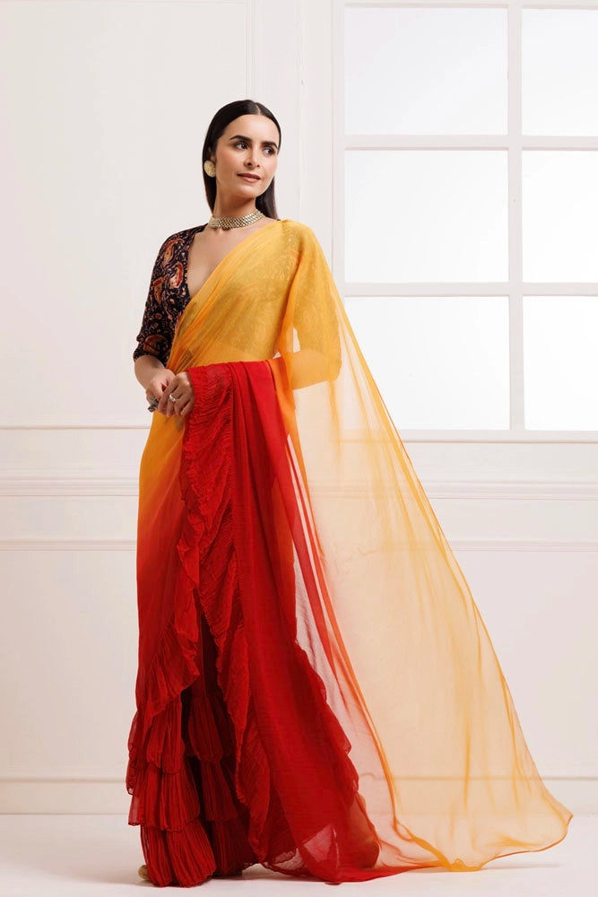 Orange-Red Pre-Draped Ruffled Ombre Chiffon Saree