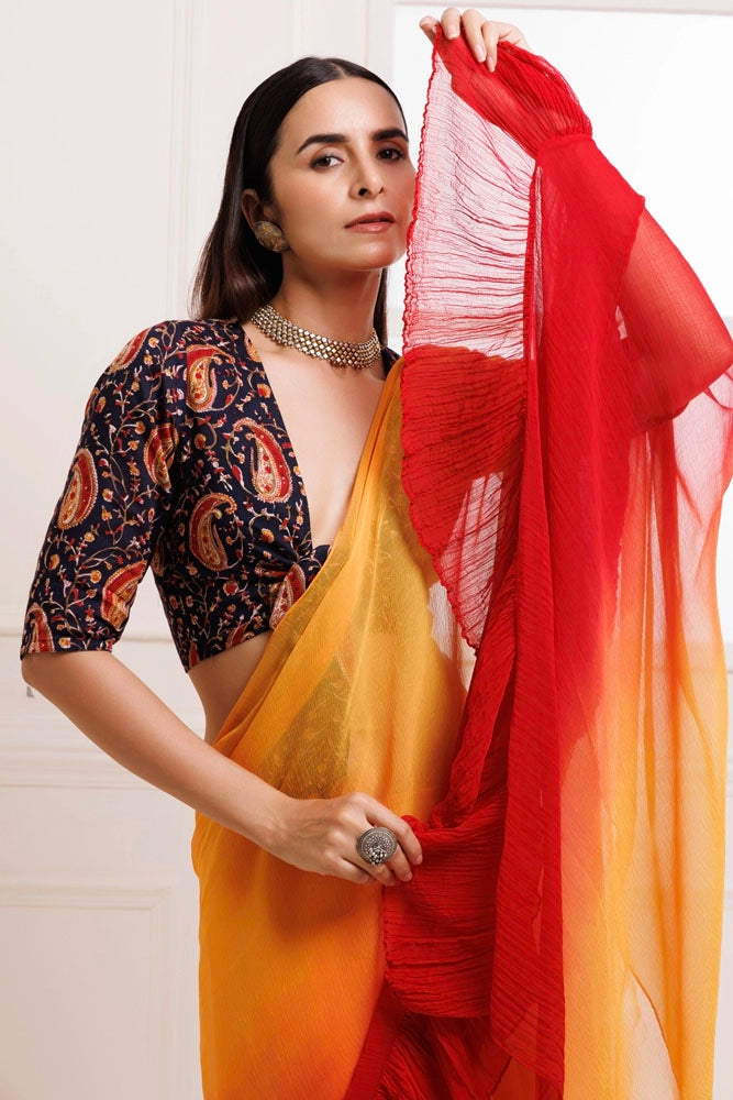 Orange-Red Pre-Draped Ruffled Ombre Chiffon Saree