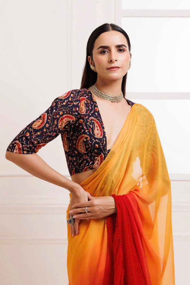 Orange-Red Pre-Draped Ruffled Ombre Chiffon Saree