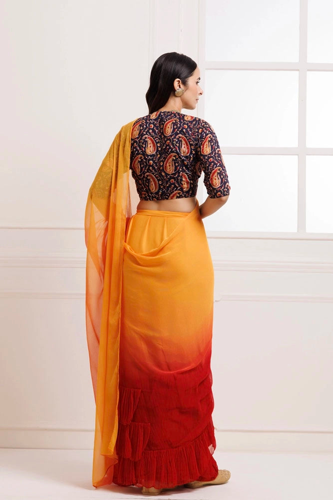 Orange-Red Pre-Draped Ruffled Ombre Chiffon Saree