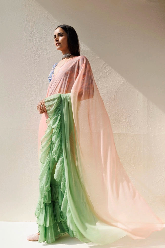 Green-Peach Pre-Draped Ruffled Ombre Chiffon Saree