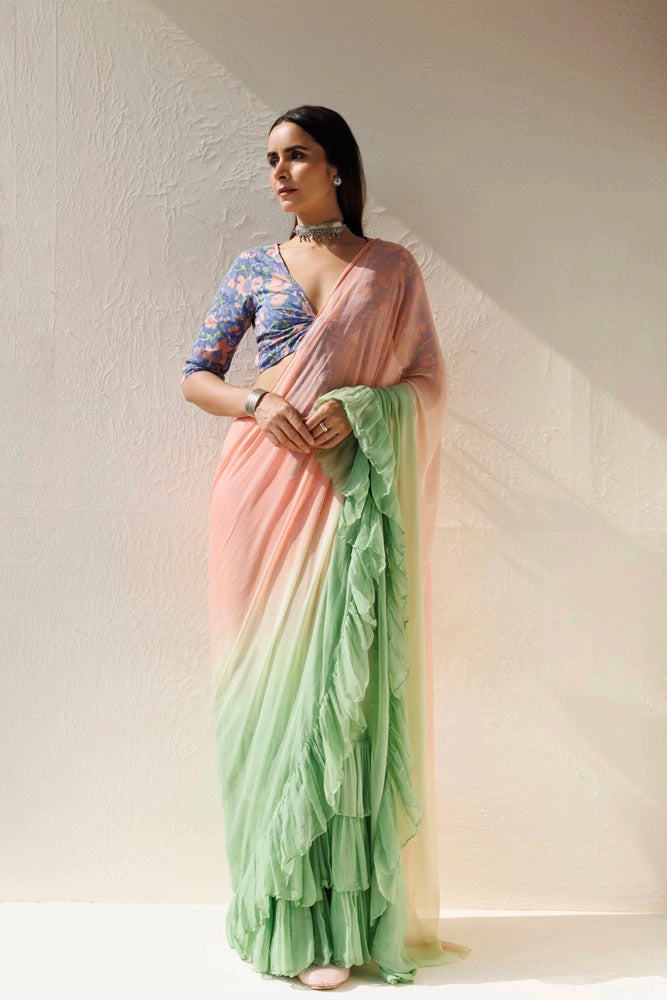 Green-Peach Pre-Draped Ruffled Ombre Chiffon Saree