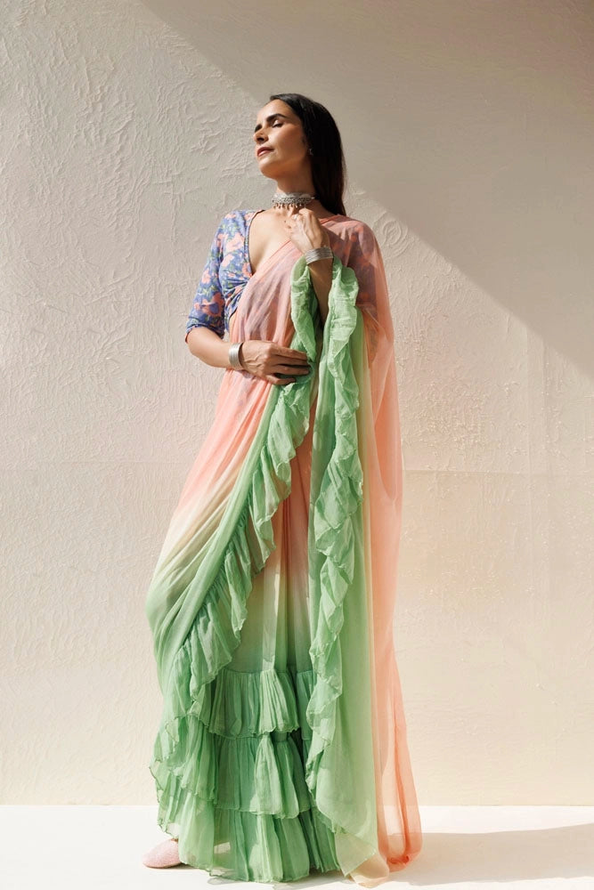 Green-Peach Pre-Draped Ruffled Ombre Chiffon Saree
