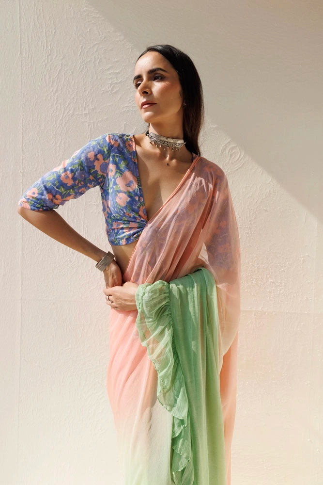 Green-Peach Pre-Draped Ruffled Ombre Chiffon Saree