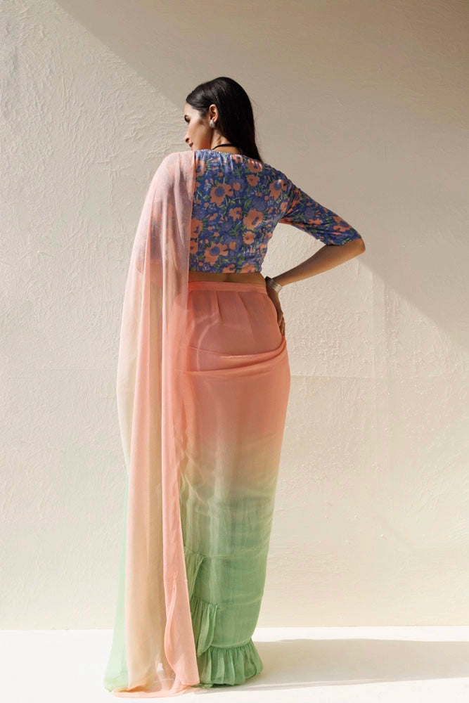 Green-Peach Pre-Draped Ruffled Ombre Chiffon Saree