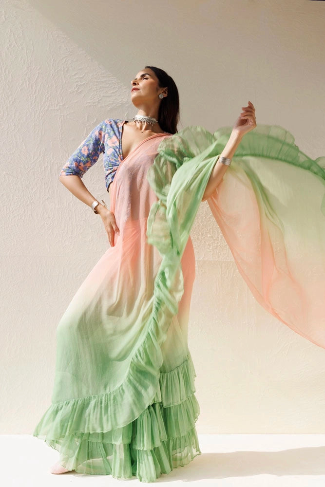 Green-Peach Pre-Draped Ruffled Ombre Chiffon Saree