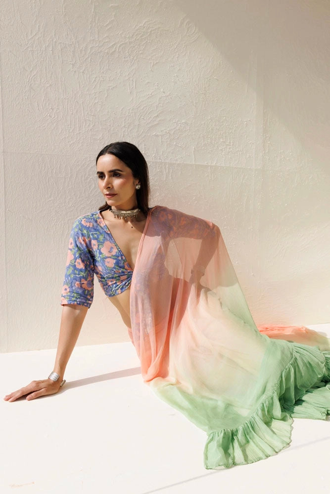 Green-Peach Pre-Draped Ruffled Ombre Chiffon Saree
