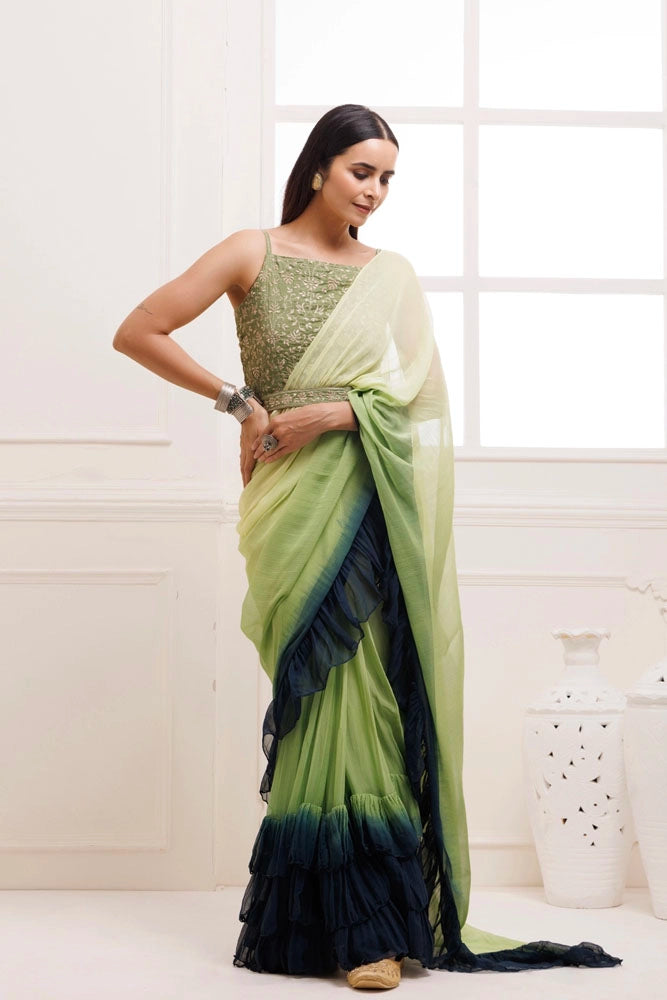Prussion Blue-Green Ombre Ruffled Chiffon Saree – Ready-to-Wear with Stitched Blouse