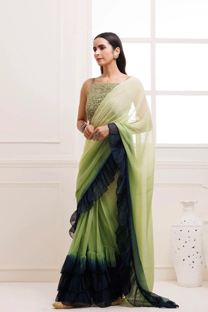 Prussion Blue-Green Ombre Ruffled Chiffon Saree – Ready-to-Wear with Stitched Blouse