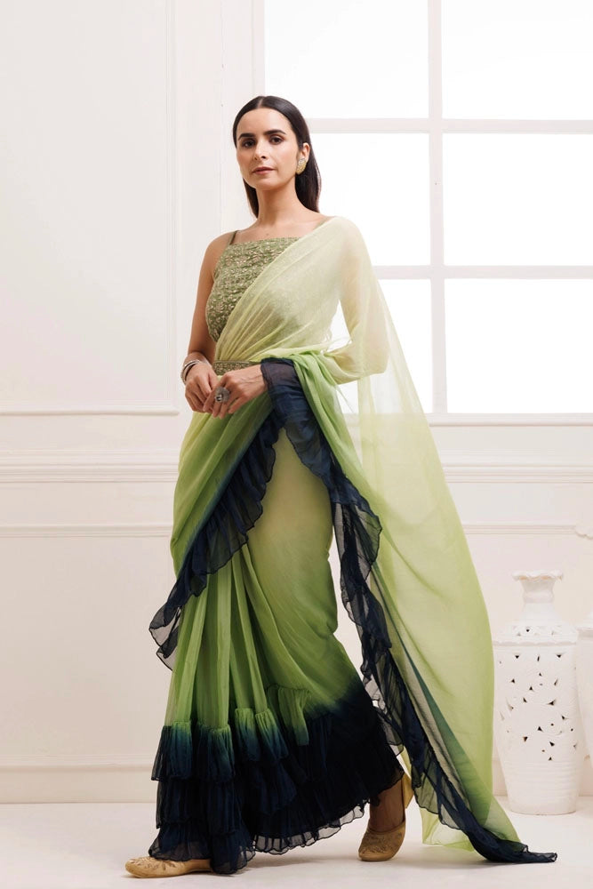 Prussion Blue-Green Ombre Ruffled Chiffon Saree – Ready-to-Wear with Stitched Blouse