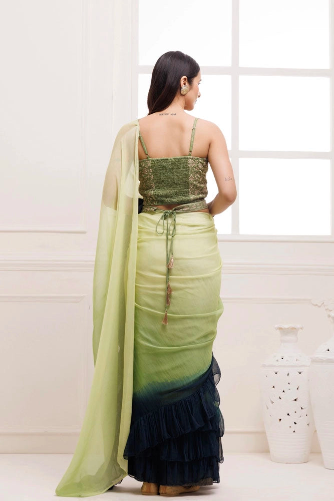 Prussion Blue-Green Ombre Ruffled Chiffon Saree – Ready-to-Wear with Stitched Blouse