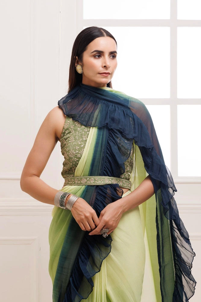 Prussion Blue-Green Ombre Ruffled Chiffon Saree – Ready-to-Wear with Stitched Blouse