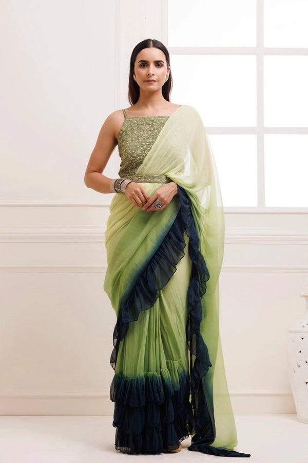 Prussion Blue-Green Ombre Ruffled Chiffon Saree – Ready-to-Wear with Stitched Blouse