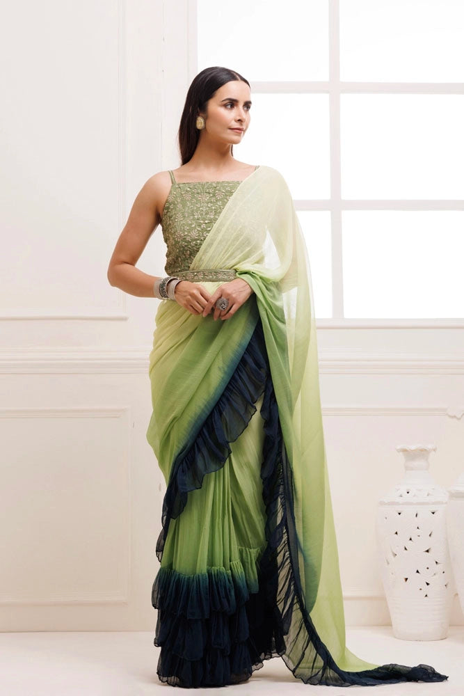 Prussion Blue-Green Ombre Ruffled Chiffon Saree – Ready-to-Wear with Stitched Blouse