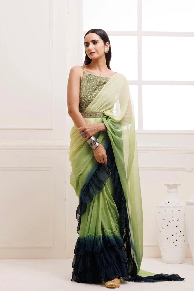 Prussion Blue-Green Ombre Ruffled Chiffon Saree – Ready-to-Wear with Stitched Blouse
