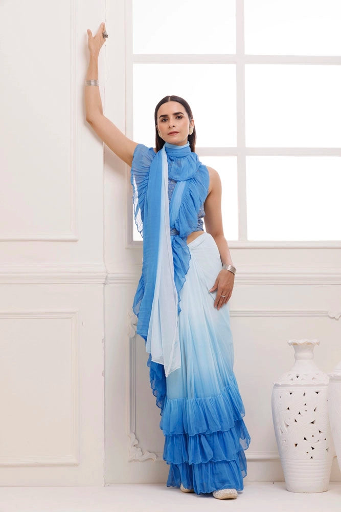 Blue Ombre Ruffled Chiffon Saree – Ready-to-Wear with Stitched Blouse