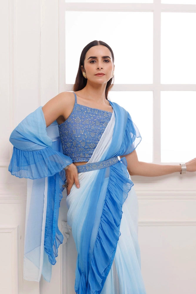 Blue Ombre Ruffled Chiffon Saree – Ready-to-Wear with Stitched Blouse