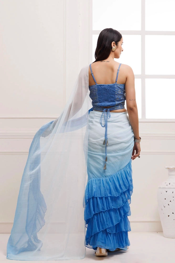 Blue Ombre Ruffled Chiffon Saree – Ready-to-Wear with Stitched Blouse