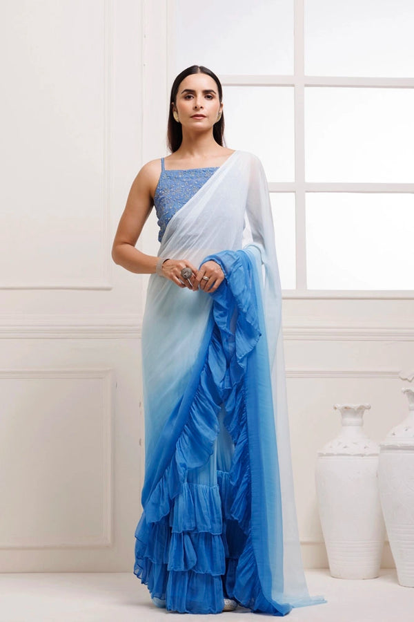 Blue Ombre Ruffled Chiffon Saree – Ready-to-Wear with Stitched Blouse